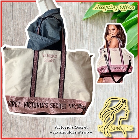 Victoria’s Secret - cream canvas pink glitter weekender bag - no shoulder strap - Picture 1 of 8